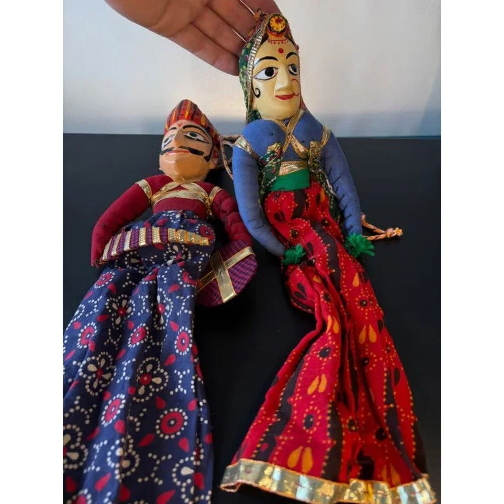 Rajasthani Kathputli String Puppets Pair Carved Wood Heads Indian Folk Art